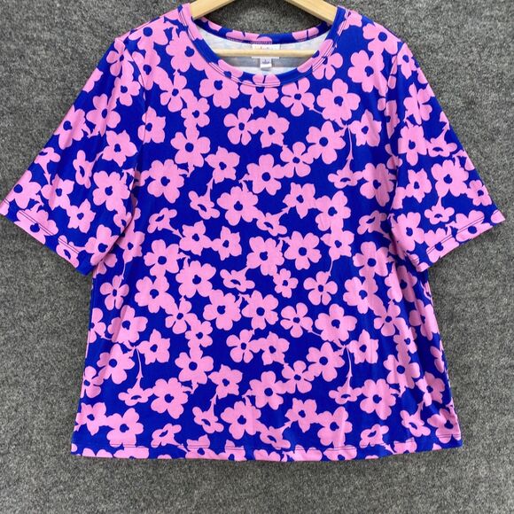 LulaRoe T-Shirt Women L Large Blue Floral Crew Neck Short Sleeve Casual Comfort - Picture 4 of 9